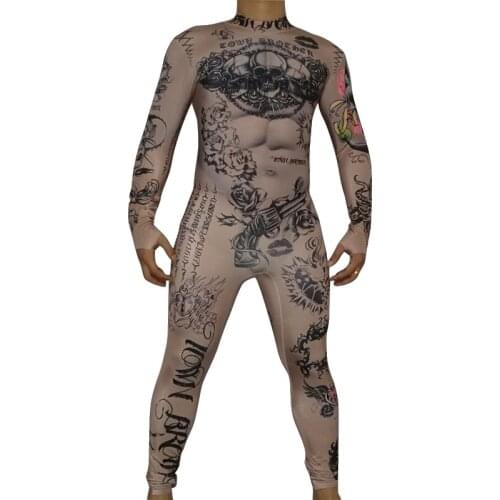 Bar Nightclub Male DS Costume Muscle man Halloween dancing performance stage outfits Novelty printing leotard stretch jumpsuit