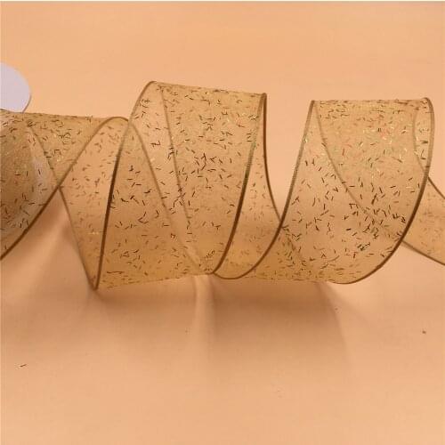 N1090 38MM Christmas glitter organza ribbon gift box packaging wired edge ribbon 25yards roll