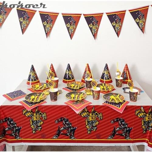 Children Party Set Transformation Bumblebee Optimus Prime Boy Loves Disposable Tableware Birthday Party Decorations Supplies