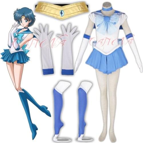 Wholesale Sailor Moon Ami Mizuno Sailor Mercury Cosplay Costume Sexy Girls Blue Dress Custom Made