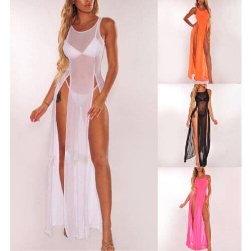 Sexy Womens Mesh Sheer Long Dress Ladies Bikini Cover Up Beach Sundress Solid See-through Long Dress Sleeveless Strap Dress