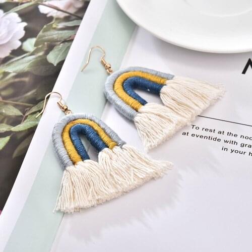 Rope Braided Tassel Bohemian Earrings Custom Rainbow Hand Woven Retro Fashion Long Pendant Tassel Earrings Female Jewelry Sale