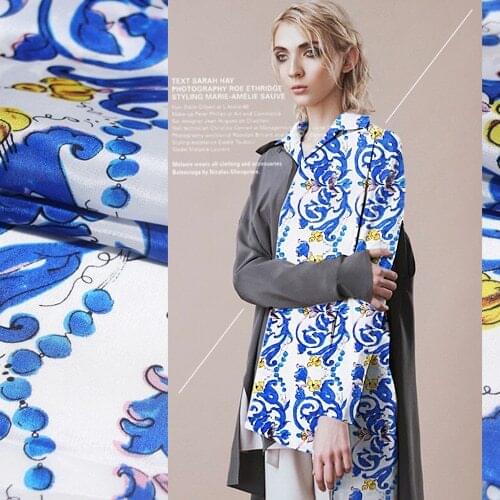 Printing silk fabrics silk summer sea blue bell flower at wholesale high-grade silk clothing cloth