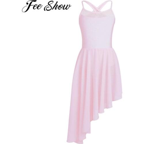 Kids/Teen Girls Mesh Splice Spaghetti Shoulder Straps Cutout Back Irregular Hem Ballet Dance Gymnastics Leotard Princess Dress
