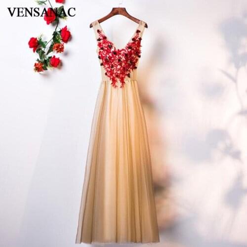 VENSANAC 2018 V Neck Lace Flowers Appliques A Line Long Evening Dresses Elegant Party Crystal Backless Prom Gowns