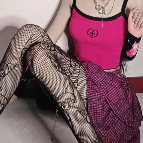 Japanese Anime Lolita Pantyhose Cartoon Devil Pattern Jacquard Tights Gothic Women Hollow Out Mesh Fishnet Stockings