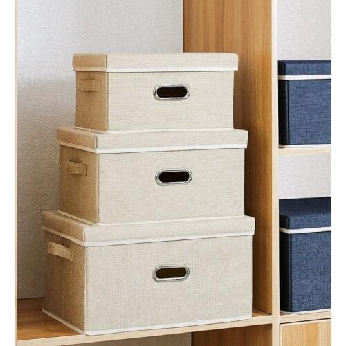 Cotton Linen Storage Box with Lid Clothes Organizer Snacks Sundries Toy Storage Boxes Bedroom Closet Cosmetic Foldable Bins