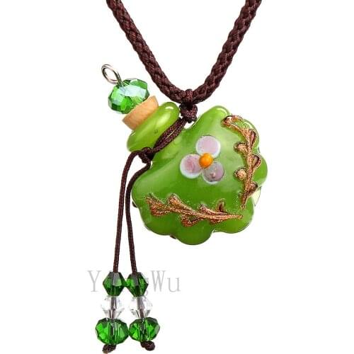 Yingwu 12pcs Fashion Flower Pendant Necklace Green Lampwork Glass Pendant Necklace Essential Oil Diffuser Round Perfume Bottle