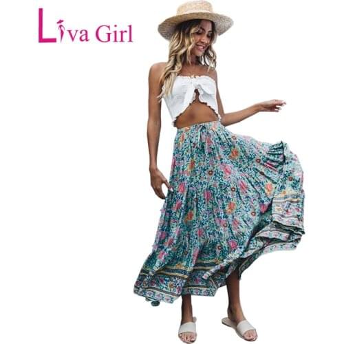 LIVA GIRL Bohemian Summer Floral Print Elastic High Waist Maxi Skirt Woman 2019 New Vintage Ruched Flared Skirts Boho Jupe Femme