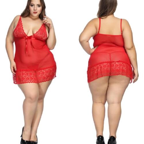 Plus Size Nightwear For Women Sexy Red Nightdress Sheer Lace Low Bra Sleeping Dress