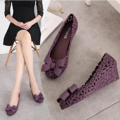 Women Summer Hollow Casual Rubber High Heel Shallow Butterfly Knot Wedges Flower Jelly Shoes Closed Toe Cut Out Sandals 20190326