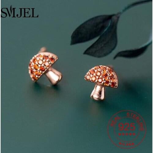 100% 925 Sterling Silver Sweet Mushroom Earring For Women Girls Jewelry S925 Cartoon Tiny Crystal Plant Mushroom Studs Gift