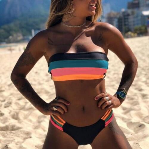 #Z45 Swimwear Women Bandeau Colored Stripes Bikini Push Up Padded Bathing Suit Swimsuit Beachwear Swimsuit For Girls Swim Suit