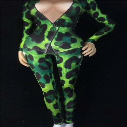 R86 Female printed bodysuit green color Leopard juumsuit dj singer tight outfits stage performance wear dance costumes bar dress