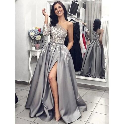 Sexy Split Prom Dresses Satin Lace Appliques Party Gown One Shoulder Long Evening Dresses A-line Grey Red Black Robe De Soiree