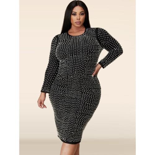 Plus Size 5XL Curve Casual Package Hip Slim Fit O Neck Solid Color Beading Long Sleeve Split Fork Knee Length Dress Fashion 2021