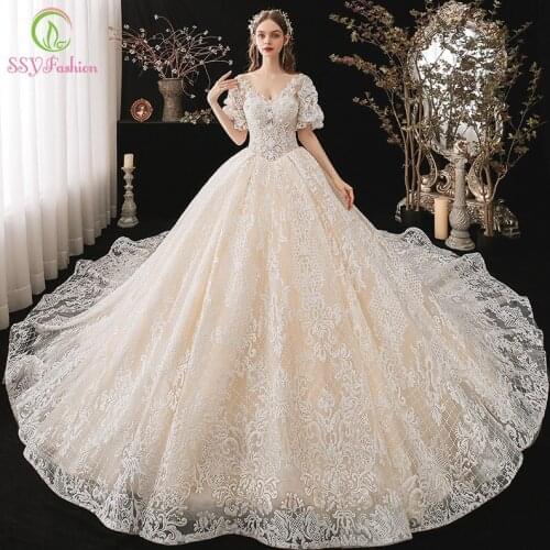 SSYFashion New Luxury Champagne Wedding Dress Bride Elegant A-line V-neck Purff Sleeve Lace Long Wedding Gown Vestidos De Novia