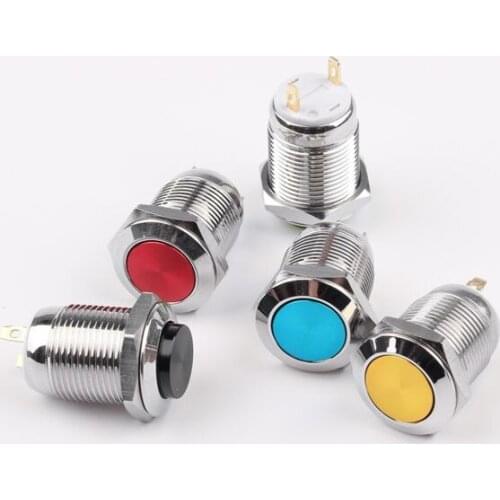 1pc 12mm Metal Semi-oxidation Push Button Switch Flat/High Round Waterproof Momentary Reset 2pin Terminal Red Green Blue Yellow
