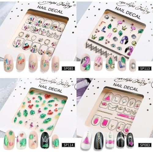 1pc Hawaii 3D Embossed Flower Leaf Manicure Cute Cartoon Flamingo Nail Stickers Pink Bronzing DIY Graphic Design Girl Stickers