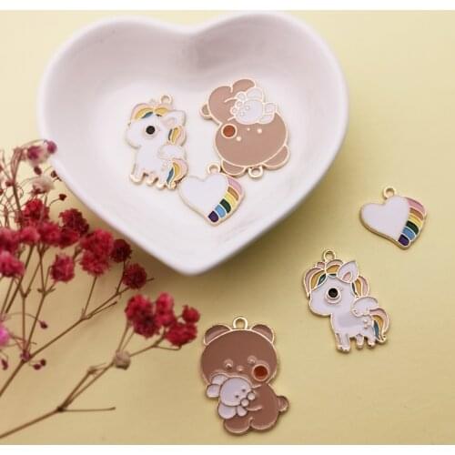 10pcs/bag Cute Animals Enamel Charms Heart Unicorn Bear Floating Charms For Jewelry DIY Accessories Golden Base Metal Pendants