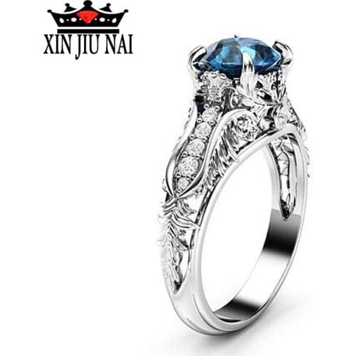 2018 Vintage Blue Zircon Engagement Ring With Silver Color Lady Party Jewelry Gift Wedding Rings For Women Stainless Steel