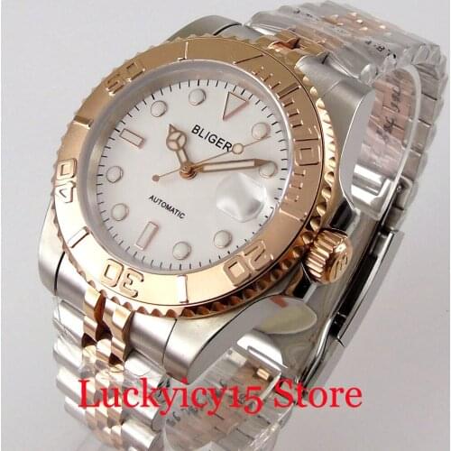 BLIGER Rose Gold Mechanical Men Watch Case White Dial 24 Jewels NH35 MIYOTA Steel Jubilee Strap Screw Crown Unidirectional Bezel