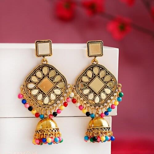 Big Silver Color Women Jhumka Earrings Indian Jewelry Corful Beads Bell Tassel Earrings Flower Tibetan Jewelry Boucle D’oreille