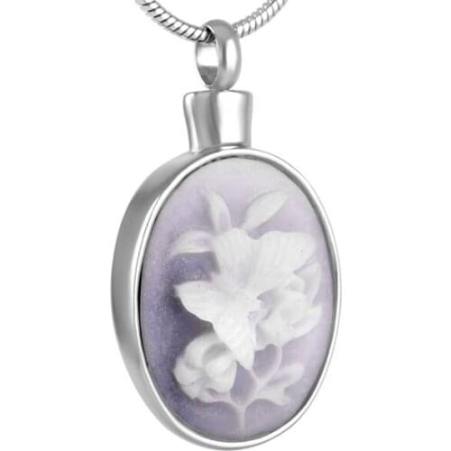 IJD8848 Three-Dimensional Butterfly Flower in Oval Shape Pendant Embossment Design Stainless Steel Cremation Pendant Necklace