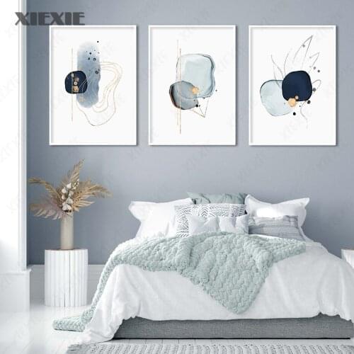 Modern Abstract Blue Drawn Sketch Canvas Painting Minimalist Gold Line Wall Art Poster Print Picture for Living Room Home Decor