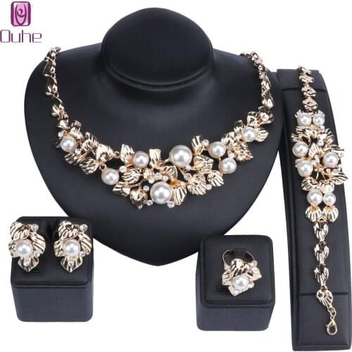 Fashion African Jewelry Sets Dubai Gold Color Pearl Crystal Jewelry Sets Wholesale Bridal Accessories Nigerian Wedding Jewelry