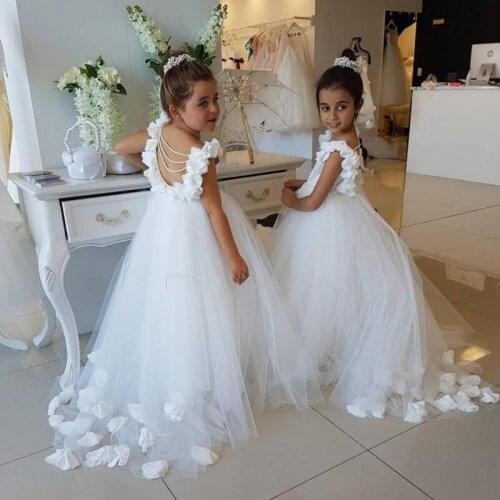 Cute Flower Girl Dresses Lace Appliques Tulle Girls Pageant Gowns Sleeve Long Children Formal Party Dress Puffy vestido daminha