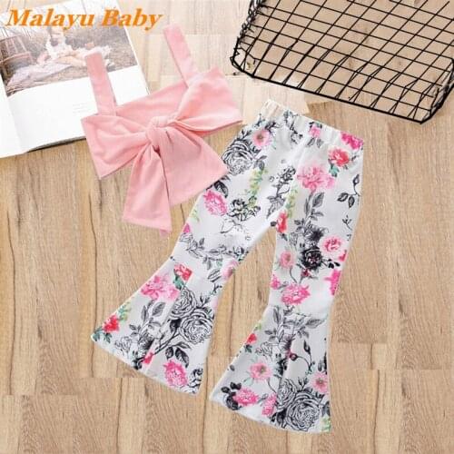 Malayu Baby Girl Clothes Set Summer New Girls Wrapped Bowknot Bandage Top + Floral Flared Pants 2 pcs kids clothing for girls