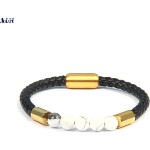 Natural Stone Bracelet Stainless Steel Genuine Leather Magnetic Buckle Bangle Hand Made Charm Jewelry For Fashion Men Present