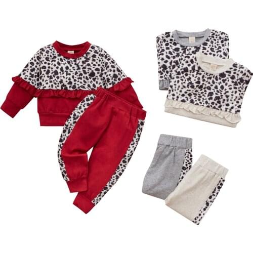 New Girls Leopard Print Clothes Set, Contrast Color Long Sleeve O-neck Tops with Ruffle+Elastic Waist Trousers