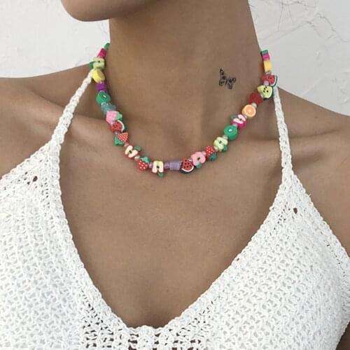 DIEZI Bohemian Ethnic Multicolor Random Resin Fruit Pendant Necklace For Women Girls Soft Clay Beads Choker Collares Necklace