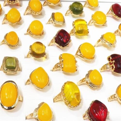 Gold Plated Yellow, Red, Green Color Imitation Ambers Rings Adjustable 50pcs/Lot Wholesale