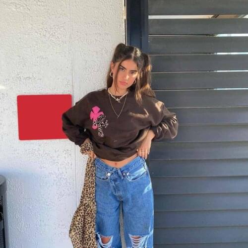 Leopard Print Oversized Sweatshirt Women Y2k Brown Tops Vintage Crewneck Long Sleeve Sweatshirts 90s Indie Aesthetics Streetwear