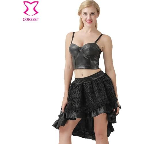Corzzet Sexy Gothic Black PU Leather Strap Busters Racer Bra&Dress Burlesque Women Dance Clubwear Lingerie Steampunk Clothing