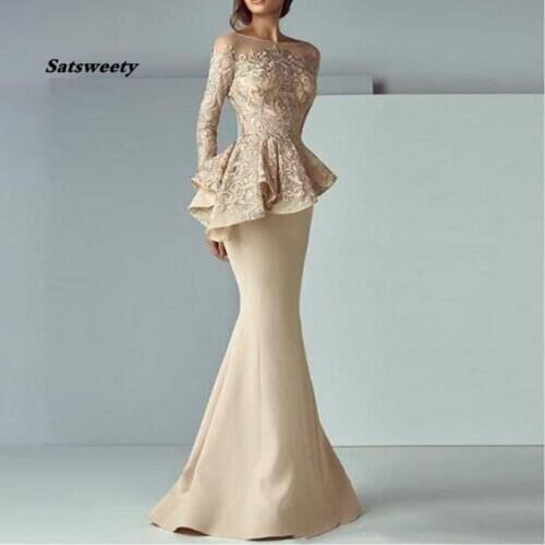 Chic Appliques Evening Formal Dresses 2021 Elegant Round Neck Long Sleeves SexyTwo Piece Mermaid Floor-Length Prom Party Gowns