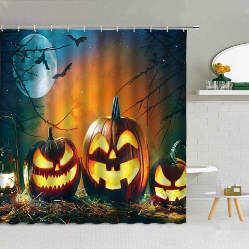 Cartoon Pumpkin Elf Horror Forest Shower Curtain Happy Halloween Candle Bathroom Supplies Cloth Home Decor Curtains Set Washable