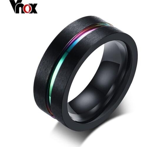 Vnox 8mm Men Black Stainless Steel Ring Thin Rainbow Line Wedding Band Male Jewelry Masculino Alliance