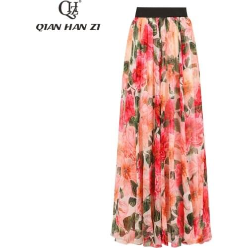 Qian Han Zi 2021 new designer womens long skirt vintage Flower print fashion Elegant Beach holiday Maxi skirt