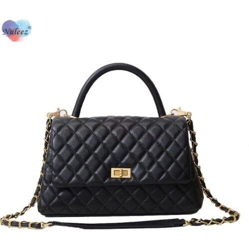 Nuleez Brand Bag Women Genuine Cow Skin Hard Handle Soft Long Chains Cross-Body Caviar Solid Flap Fashion Classical Handbag