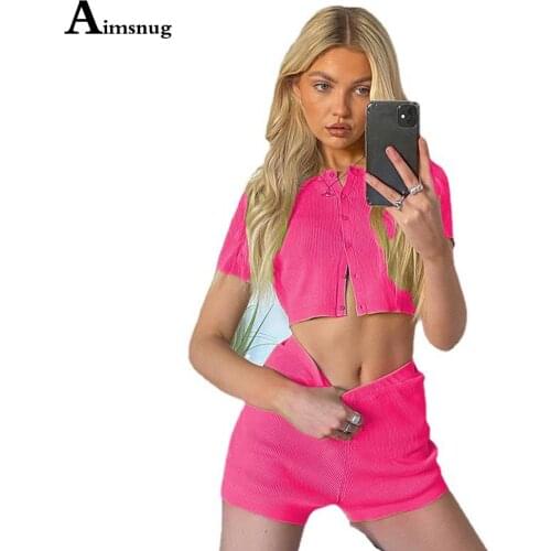 2021 Single Breasted Tracksuit Womens Crop Top And Shorts Set Red Black Two Piece Outfits Short Sleeve Women Clothes 2Pcs sets