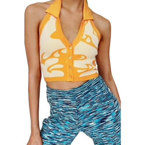 2021 Fashion Trend Print Knit Halter Crop Top Women Sleeveless Slim Fit Tank Top Holiday Summer Casual Sexy Camis Top Streetwear