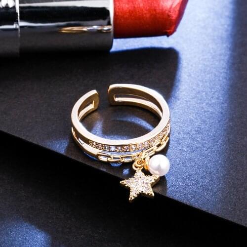 Cubic Zirconia Copper Ring Open High Quality For Woman Pearl Five-Pointed Star Adjust Simple Fashion Jewelry New 2021