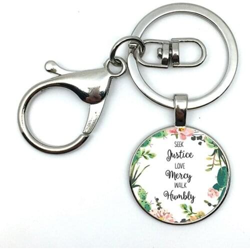 2018 / Fashion Hot Style Seeking Justice, Love Mercy, Walk Humble Bible Poetry Round Glass Pendant Keychain