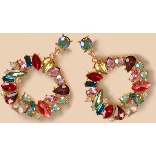 Bohemian Rainbow Crystal Geometric Earrings Gold Color Alloy Hollow Out Round Big Dangle Drop Earrings for Women Party Jewelry