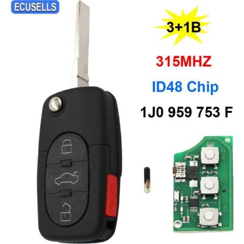 Folding Flip Remote Smart Car Key 3+1/4 Button 315MHz 1J0 959 753 F ID48 Chip for VW Beetle Golf Passat Jetta Uncut HU66 Blade