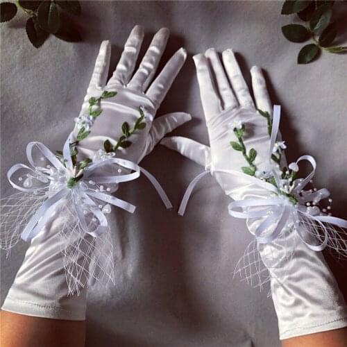 1 Pair Bridal Glove Wedding White Gloves Flower Lace Bowknot Pearl Satin Gloves For Party Evening Dress Mariage Accessories